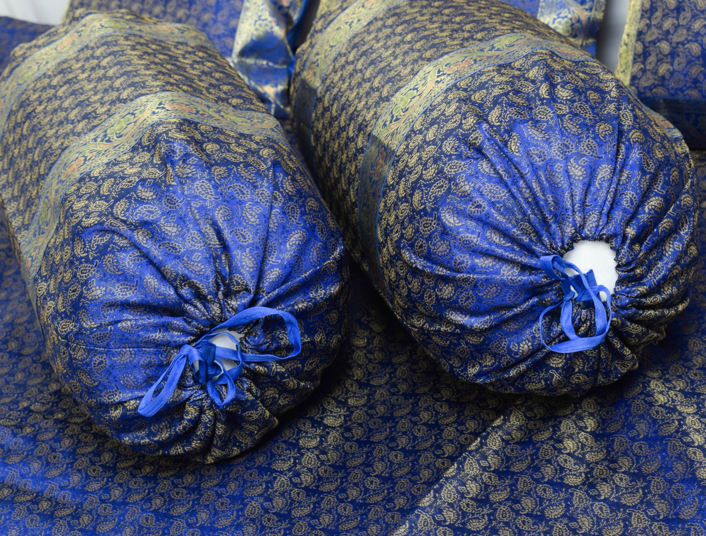 Banarasi Blue Diwan Set Cushion & Bolster Cover Silk & Woven Zari Brocade