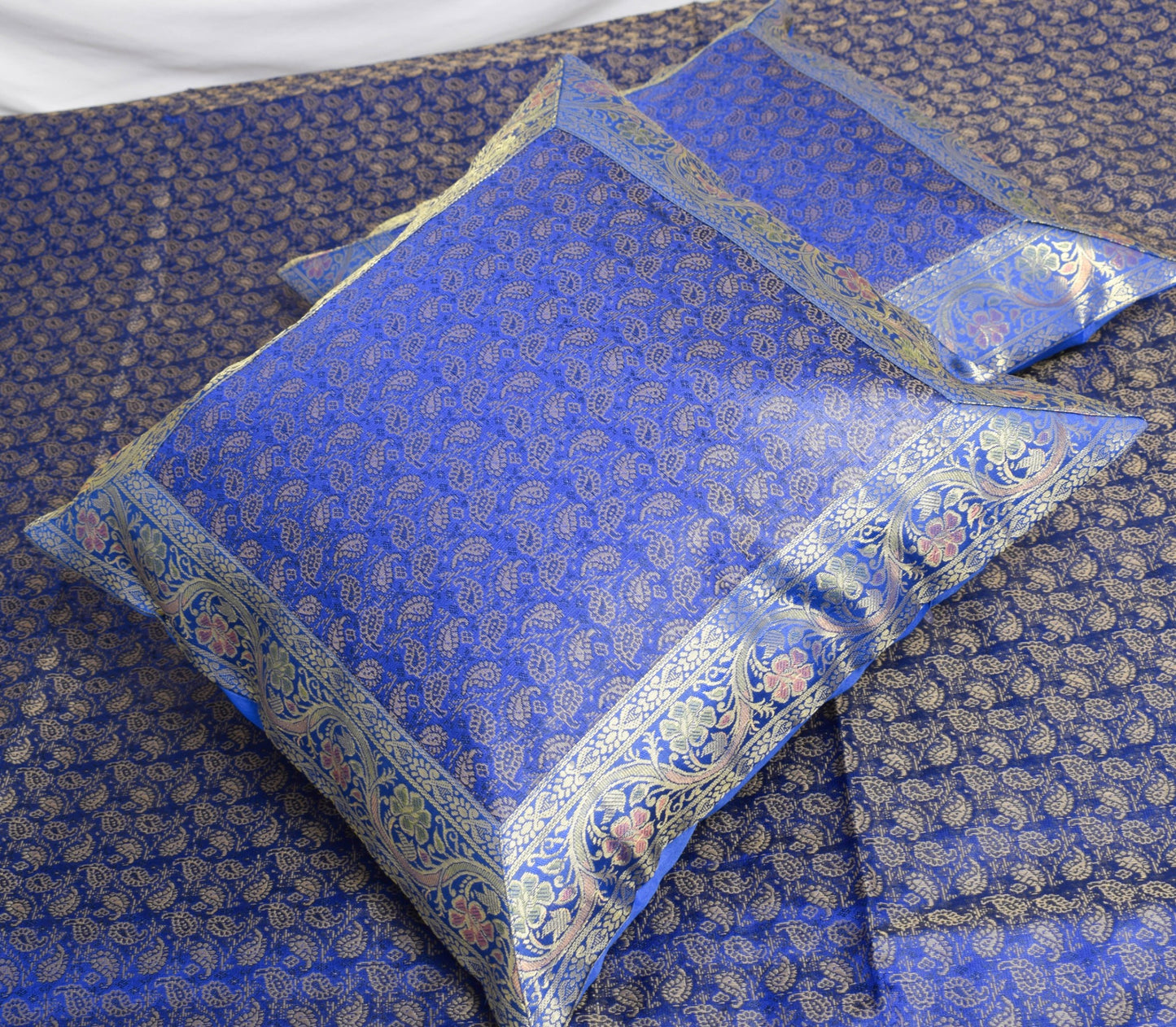 Banarasi Blue Diwan Set Cushion & Bolster Cover Silk & Woven Zari Brocade