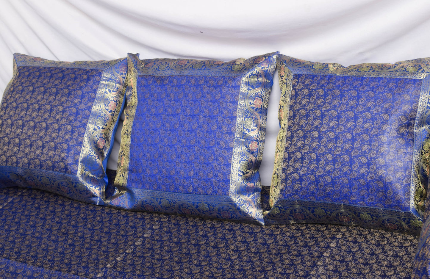 Banarasi Blue Diwan Set Cushion & Bolster Cover Silk & Woven Zari Brocade