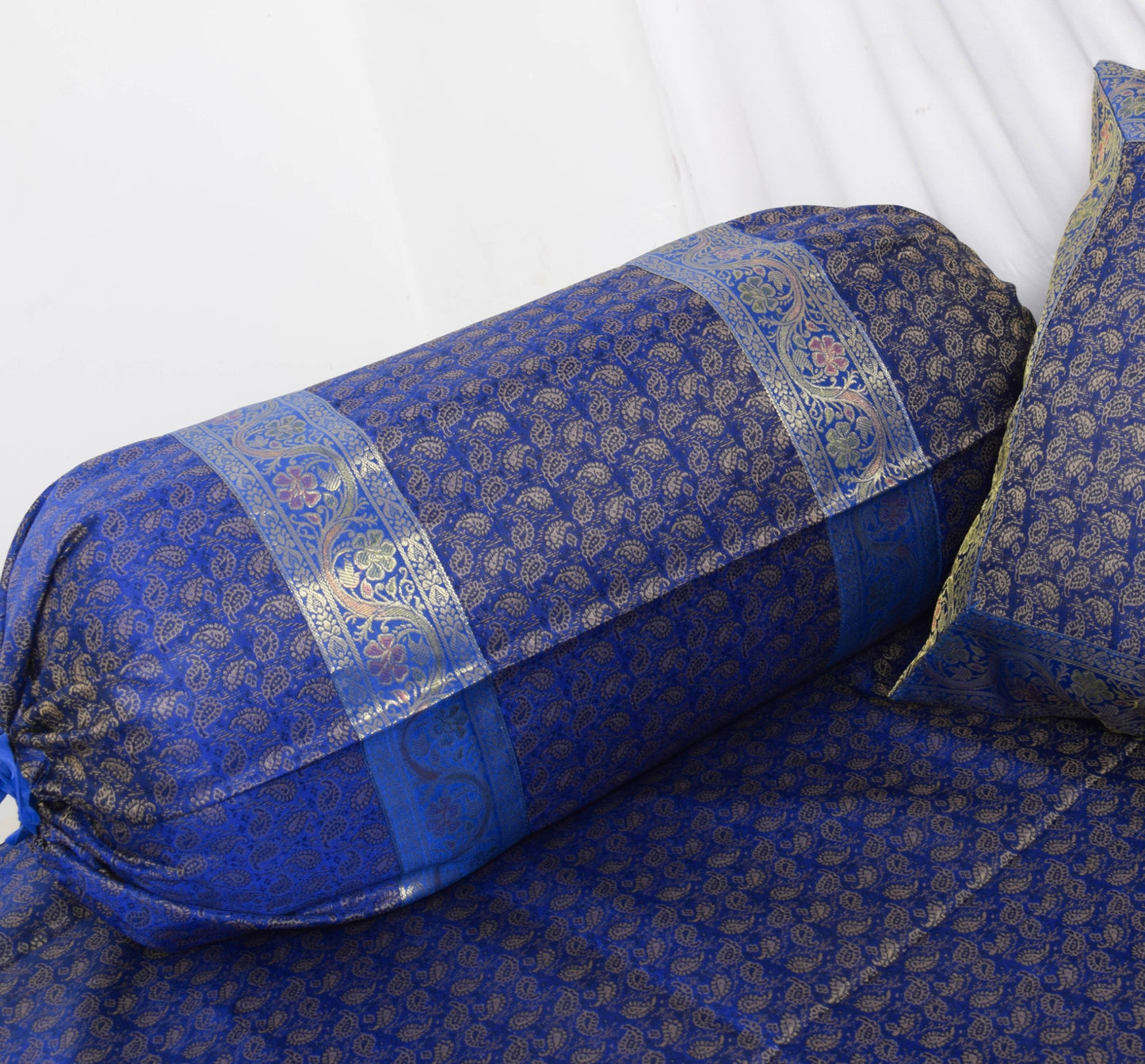 Banarasi Blue Diwan Set Cushion & Bolster Cover Silk & Woven Zari Brocade