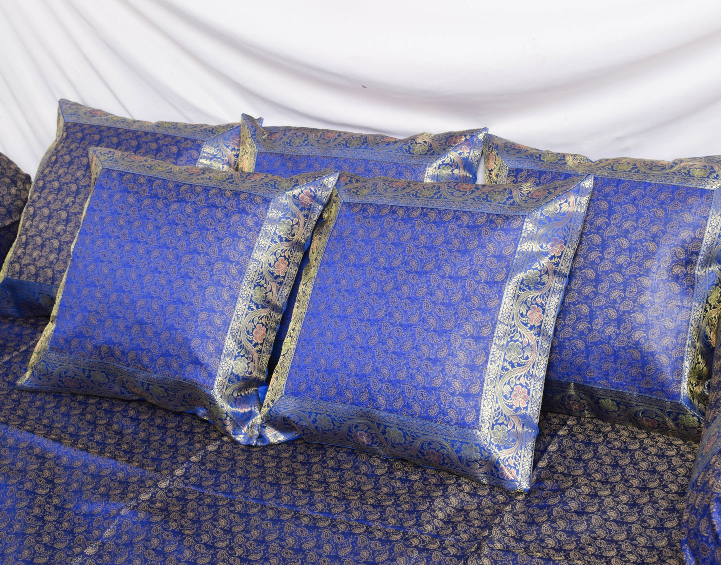 Banarasi Blue Diwan Set Cushion & Bolster Cover Silk & Woven Zari Brocade
