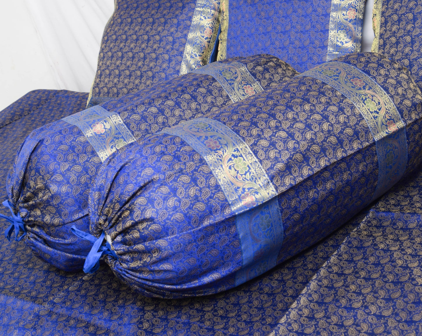 Banarasi Blue Diwan Set Cushion & Bolster Cover Silk & Woven Zari Brocade