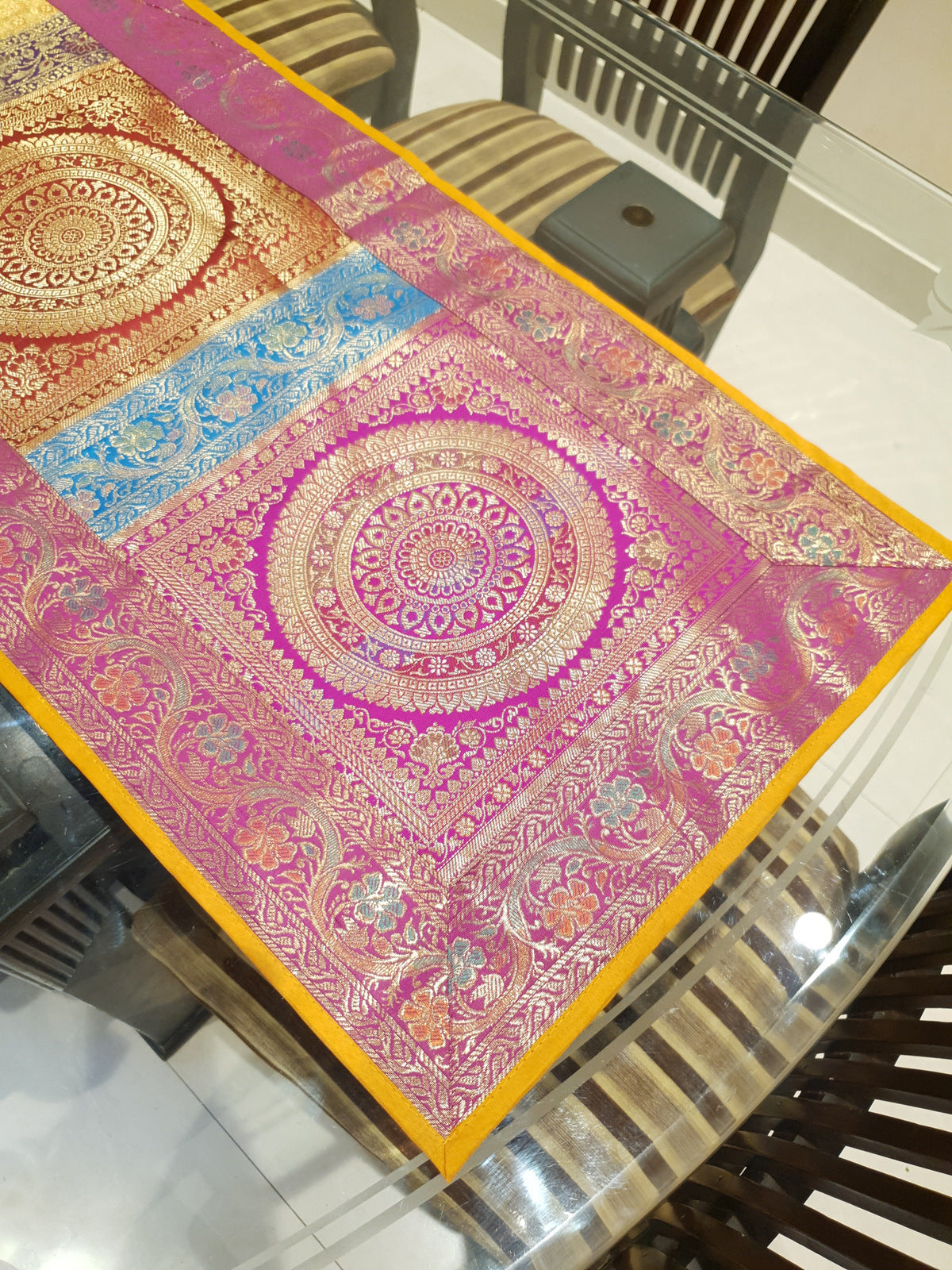 Dining Table Runner Wall Tapestry Woven Zari Brocade Banarasi Cover Multi-Color