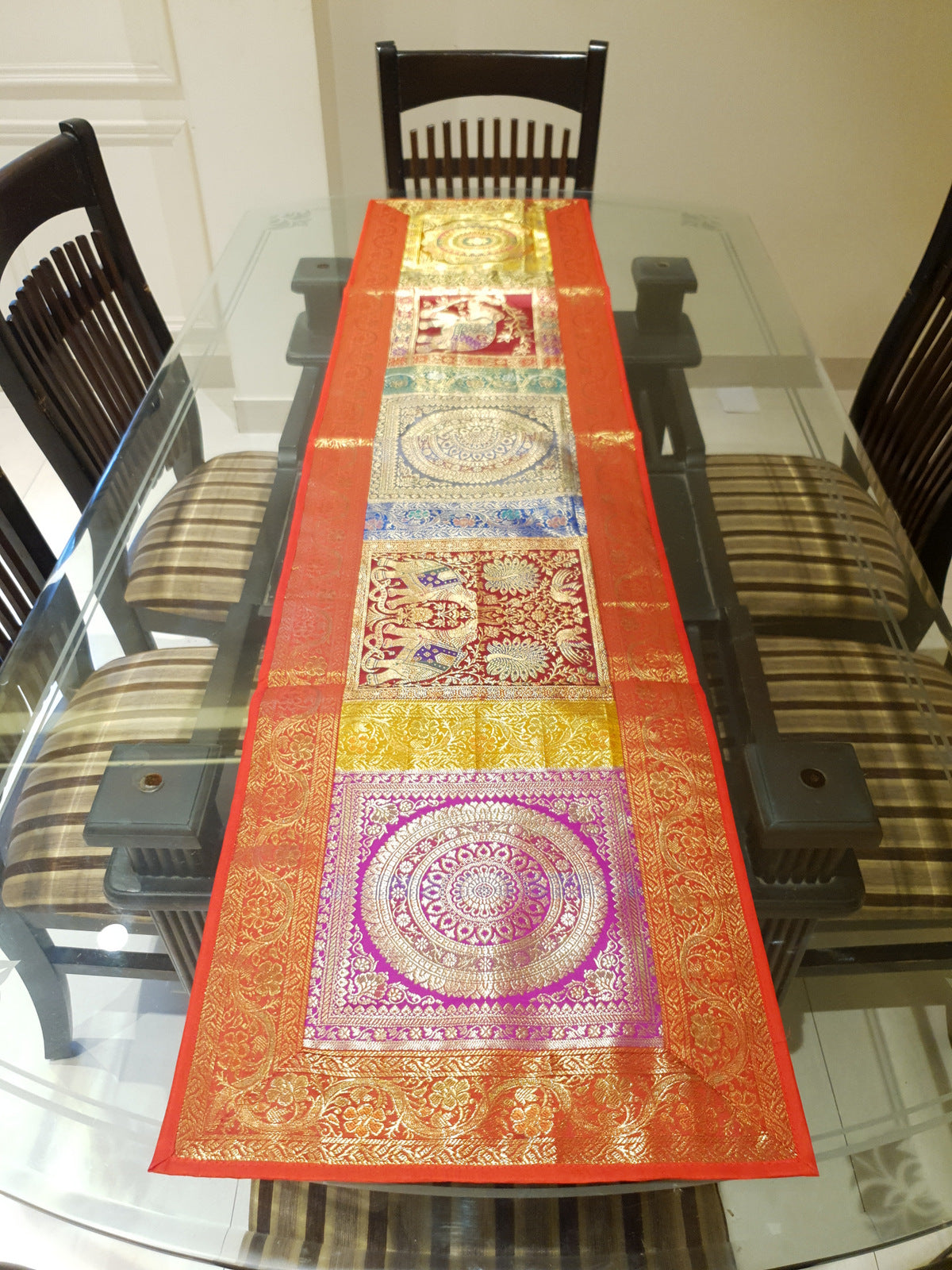 Dining Table Runner Wall Tapestry Woven Zari Brocade Banarasi Cover Multi 11