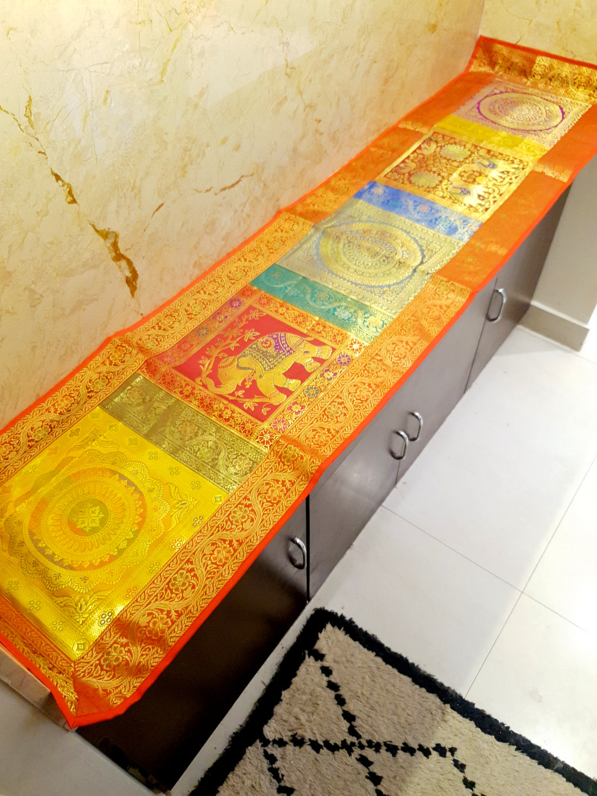 Dining Table Runner Wall Tapestry Woven Zari Brocade Banarasi Cover Multi 11