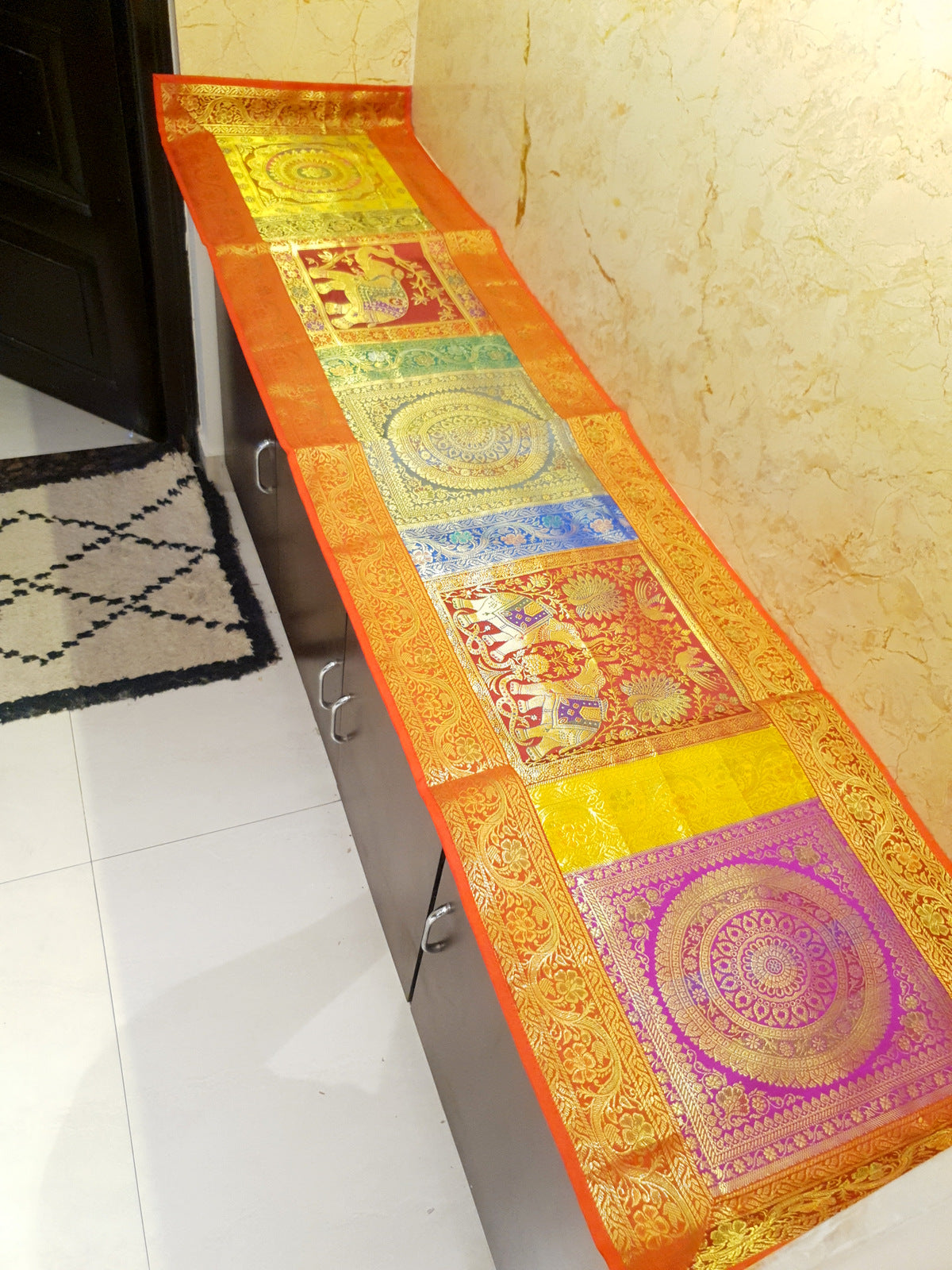 Dining Table Runner Wall Tapestry Woven Zari Brocade Banarasi Cover Multi 11