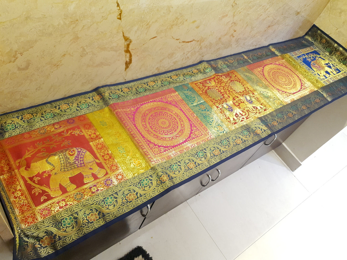 Dining Table Runner Wall Tapestry Woven Zari Brocade Banarasi Cover Multi-Color