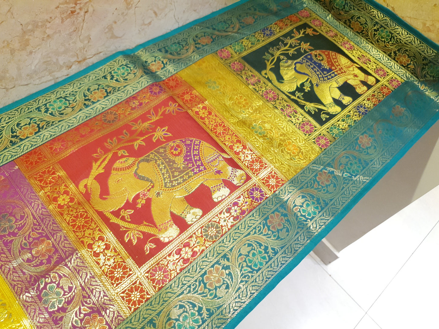 Dining Table Runner Wall Tapestry Woven Zari Brocade Banarasi Cover Multi-Color