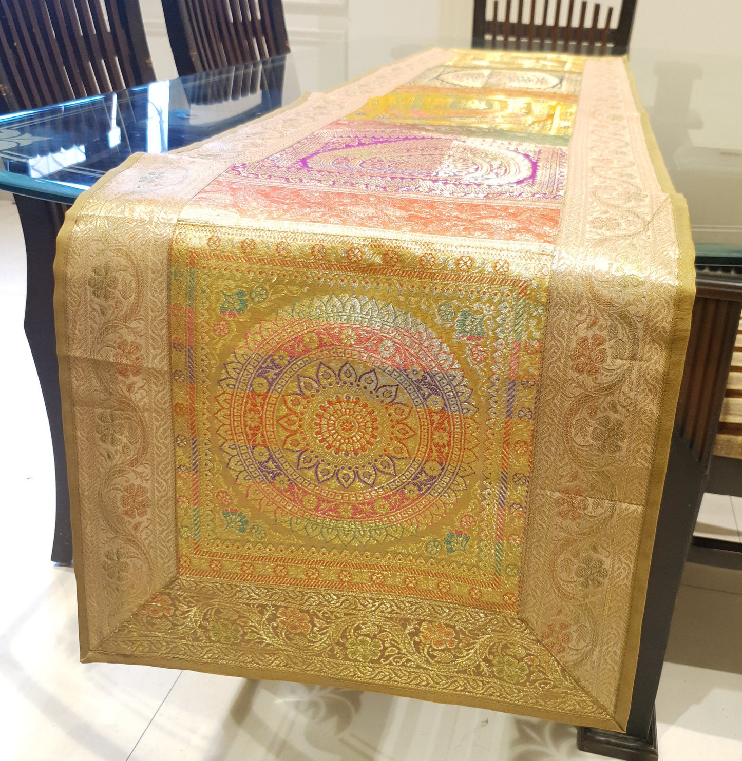 Dining Table Runner Wall Tapestry Woven Zari Brocade Banarasi Cover Multi-Color