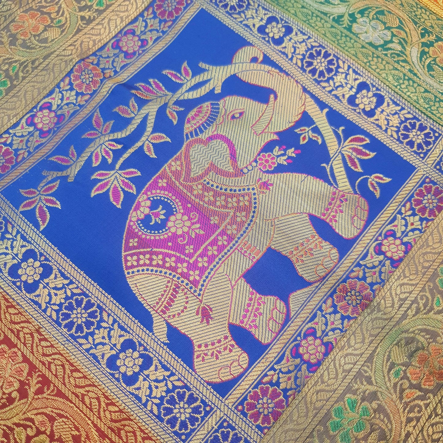 Dining Table Runner Elephnat Woven Zari Brocade Decor Banarasi Cover Multi Color