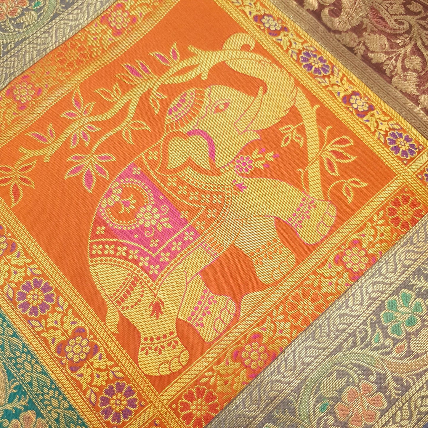Dining Table Runner Elephnat Woven Zari Brocade Decor Banarasi Cover Multi Color