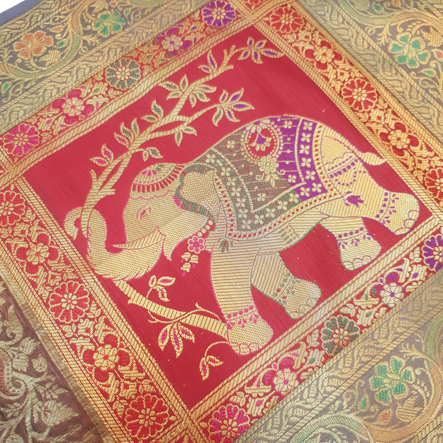 Dining Table Runner Elephnat Woven Zari Brocade Decor Banarasi Cover Multi Color