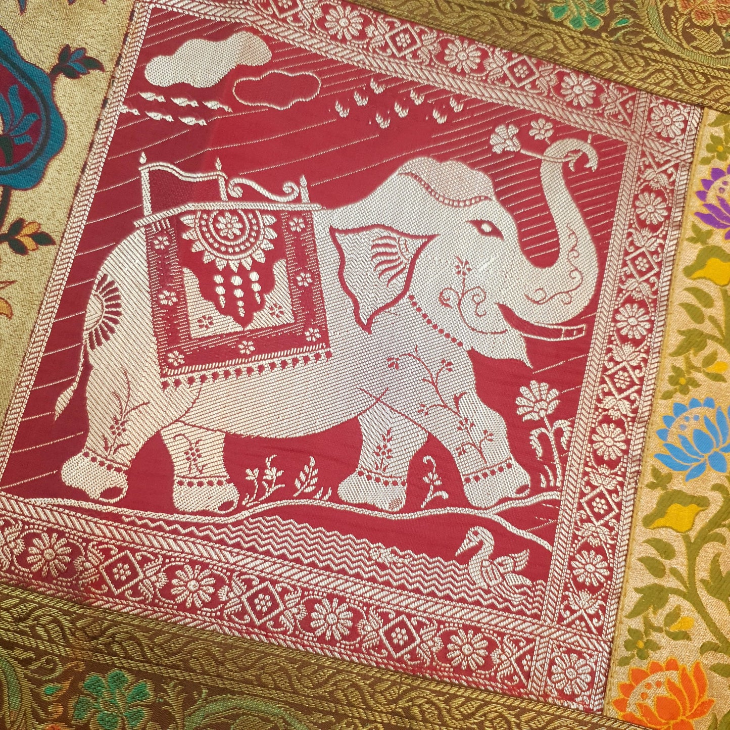 Dining Table Runner Elephant Woven Zari Brocade Banarasi Cover Multi Color