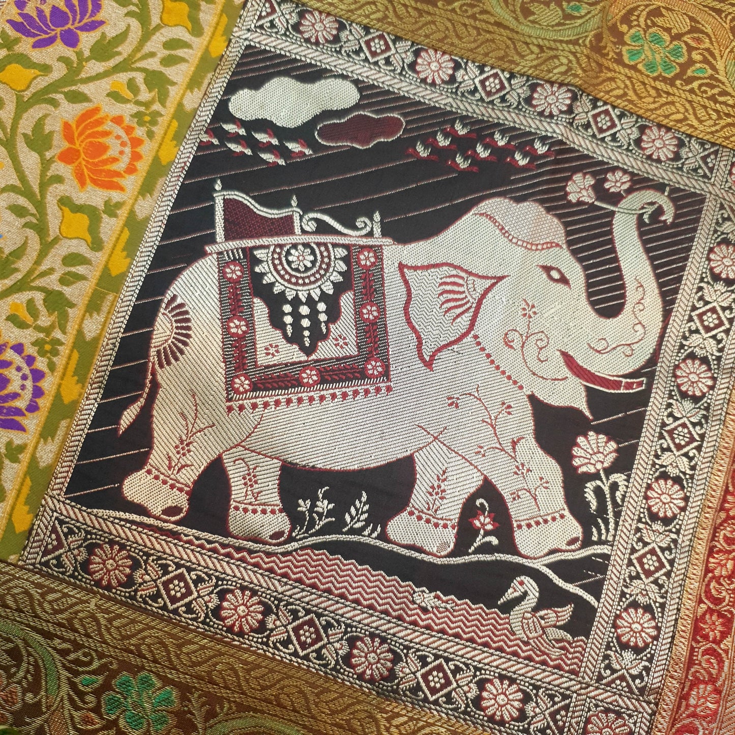 Dining Table Runner Elephant Woven Zari Brocade Banarasi Cover Multi Color