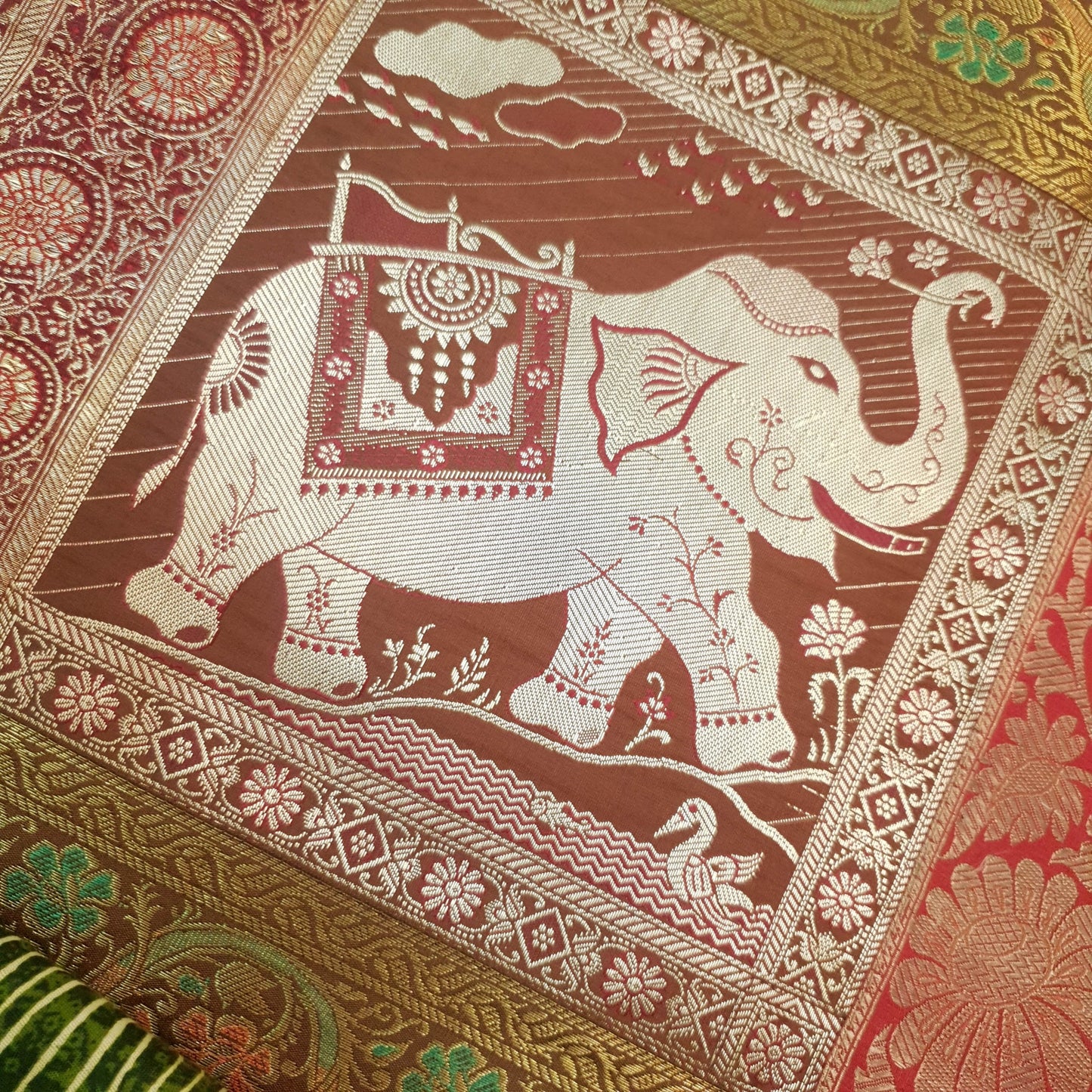 Dining Table Runner Elephant Woven Zari Brocade Banarasi Cover Multi Color