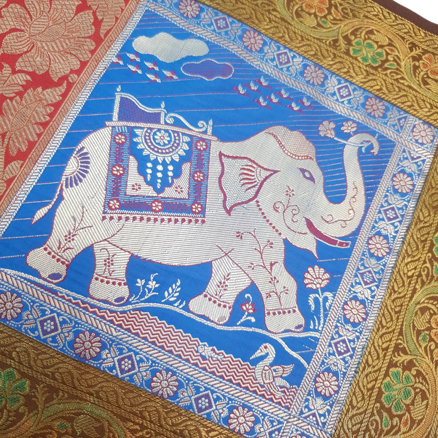 Dining Table Runner Elephant Woven Zari Brocade Banarasi Cover Multi Color