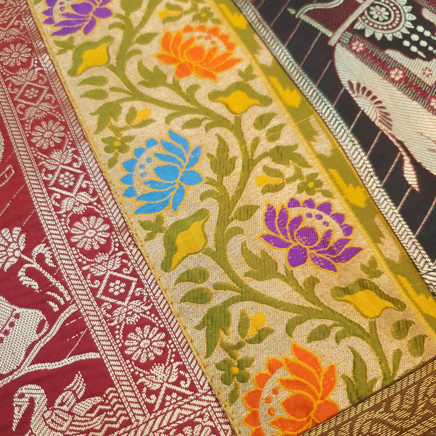 Dining Table Runner Elephant Woven Zari Brocade Banarasi Cover Multi Color