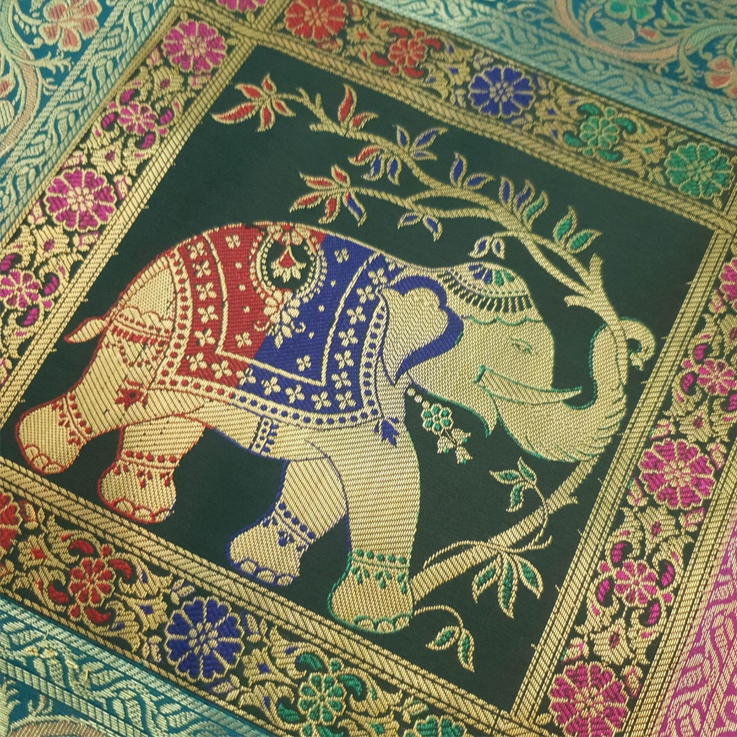 Dining Table Runner Woven Elephant Zari Brocade Banarasi Cover Decor Multi Color