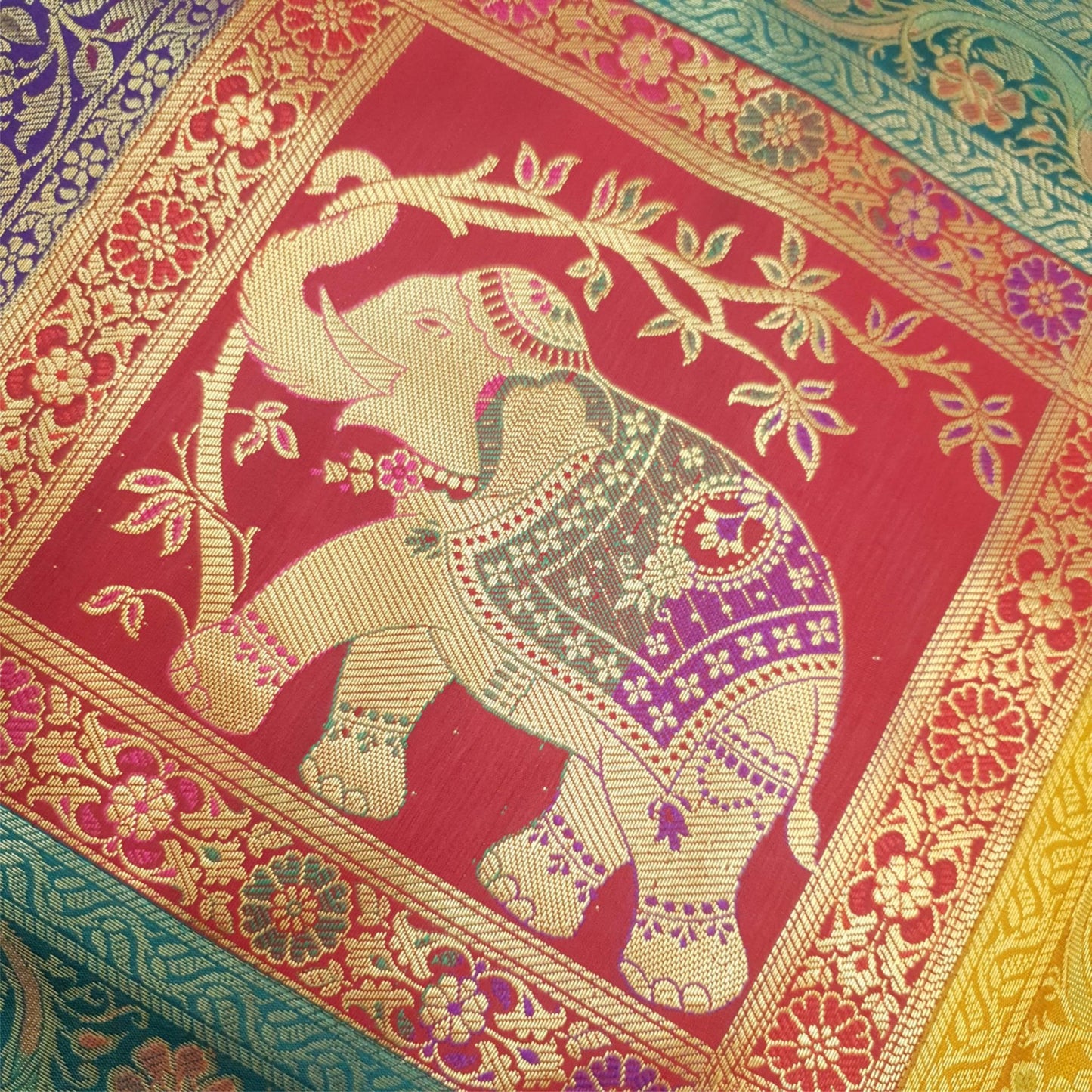 Dining Table Runner Woven Elephant Zari Brocade Banarasi Cover Decor Multi Color