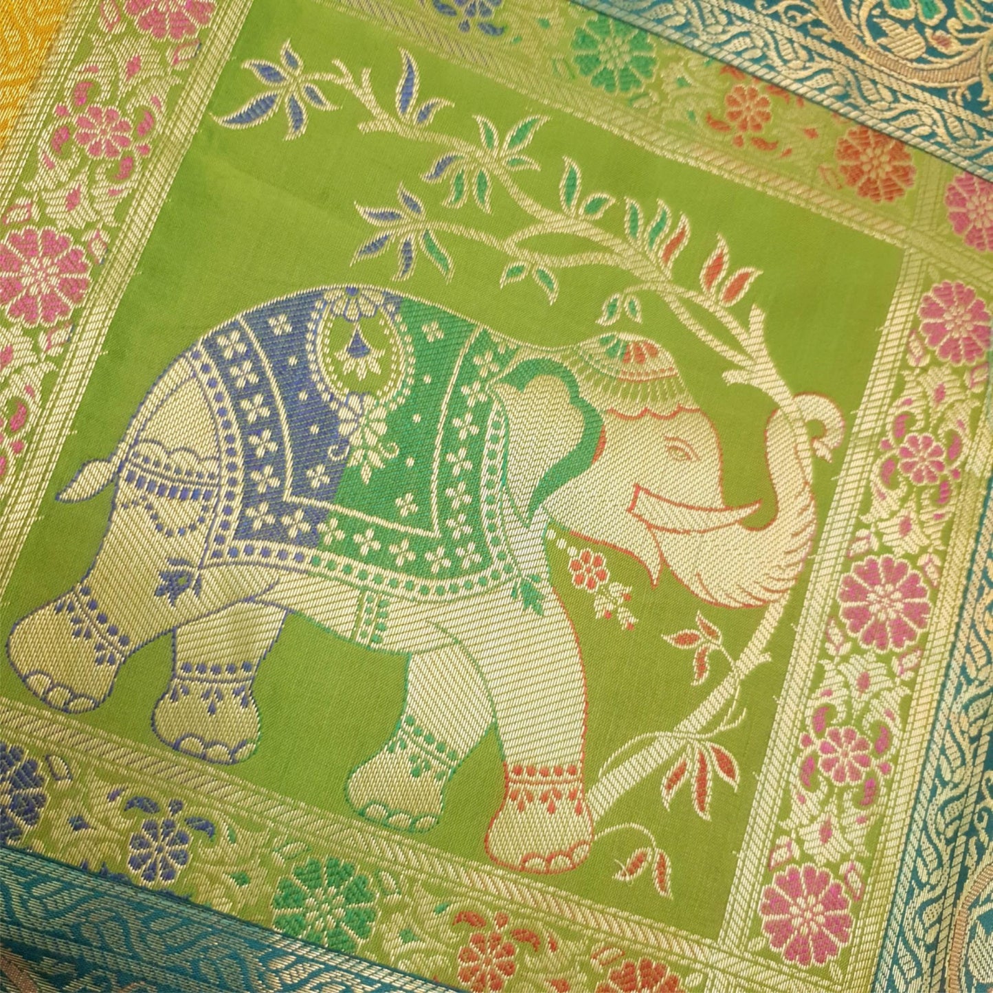 Dining Table Runner Woven Elephant Zari Brocade Banarasi Cover Decor Multi Color