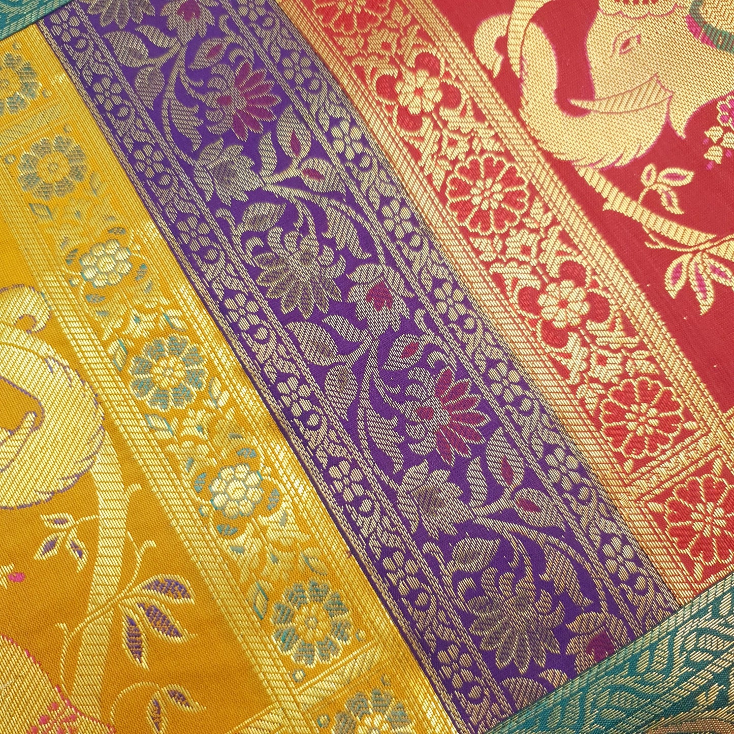Dining Table Runner Woven Elephant Zari Brocade Banarasi Cover Decor Multi Color