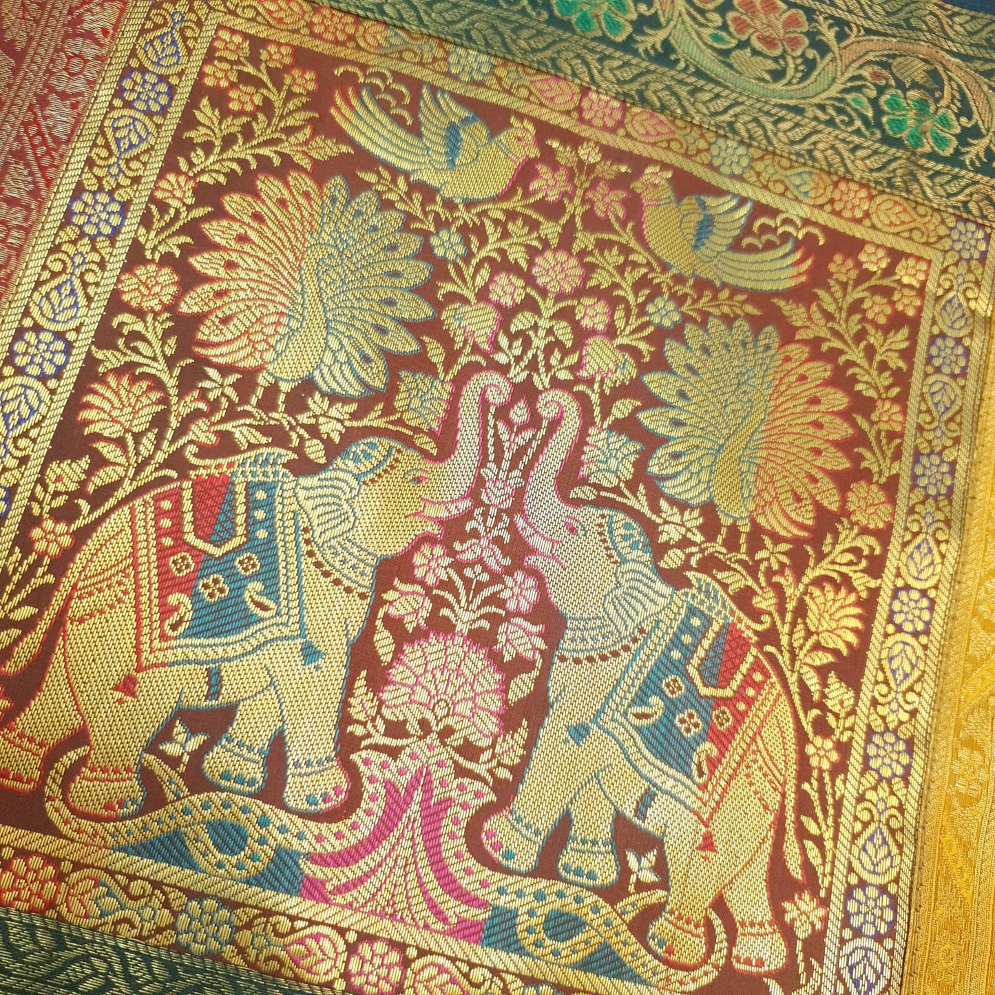 Dining Table Runner Zari Brocade Elephant Woven Banarasi Cover Decor Multi Color