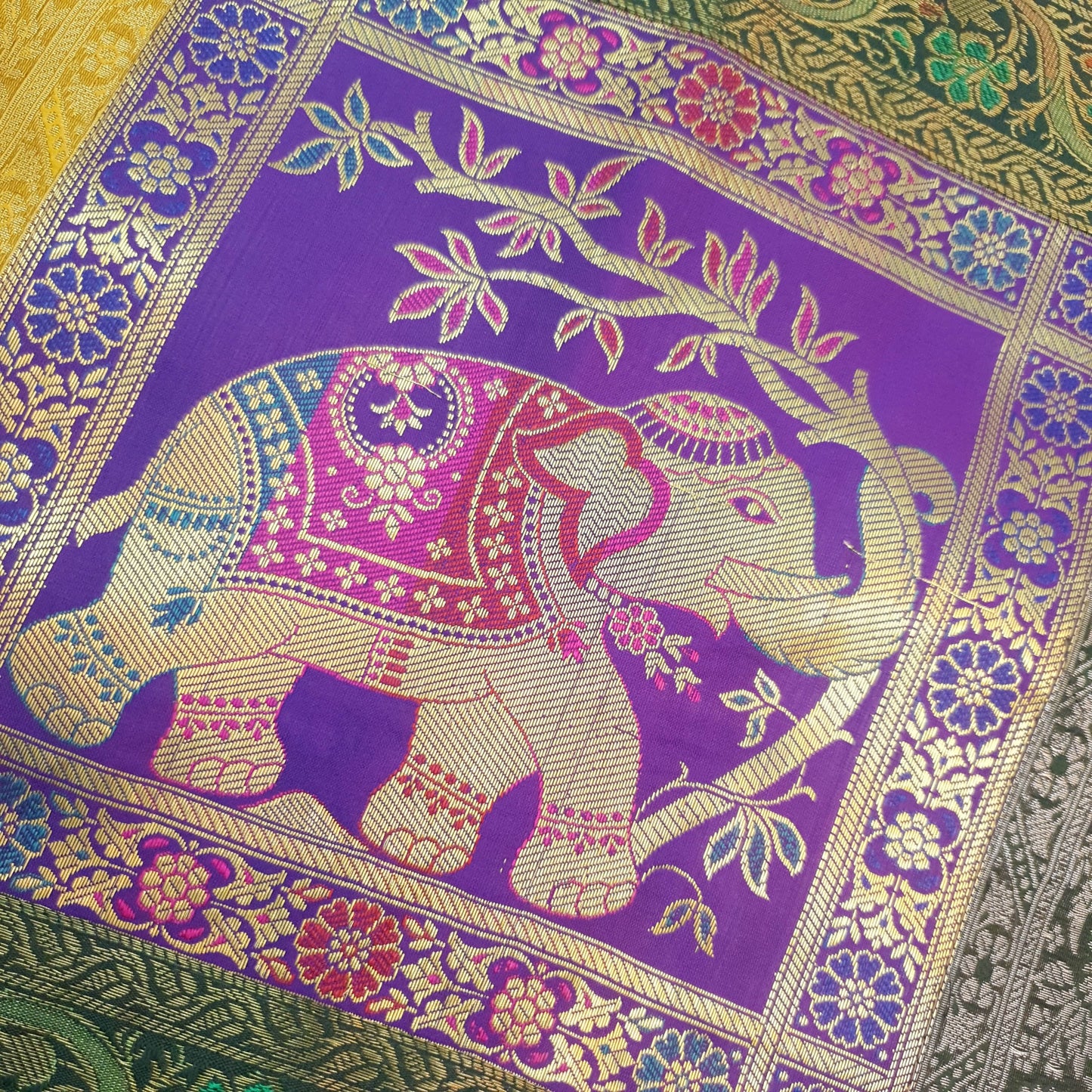 Dining Table Runner Zari Brocade Elephant Woven Banarasi Cover Decor Multi Color
