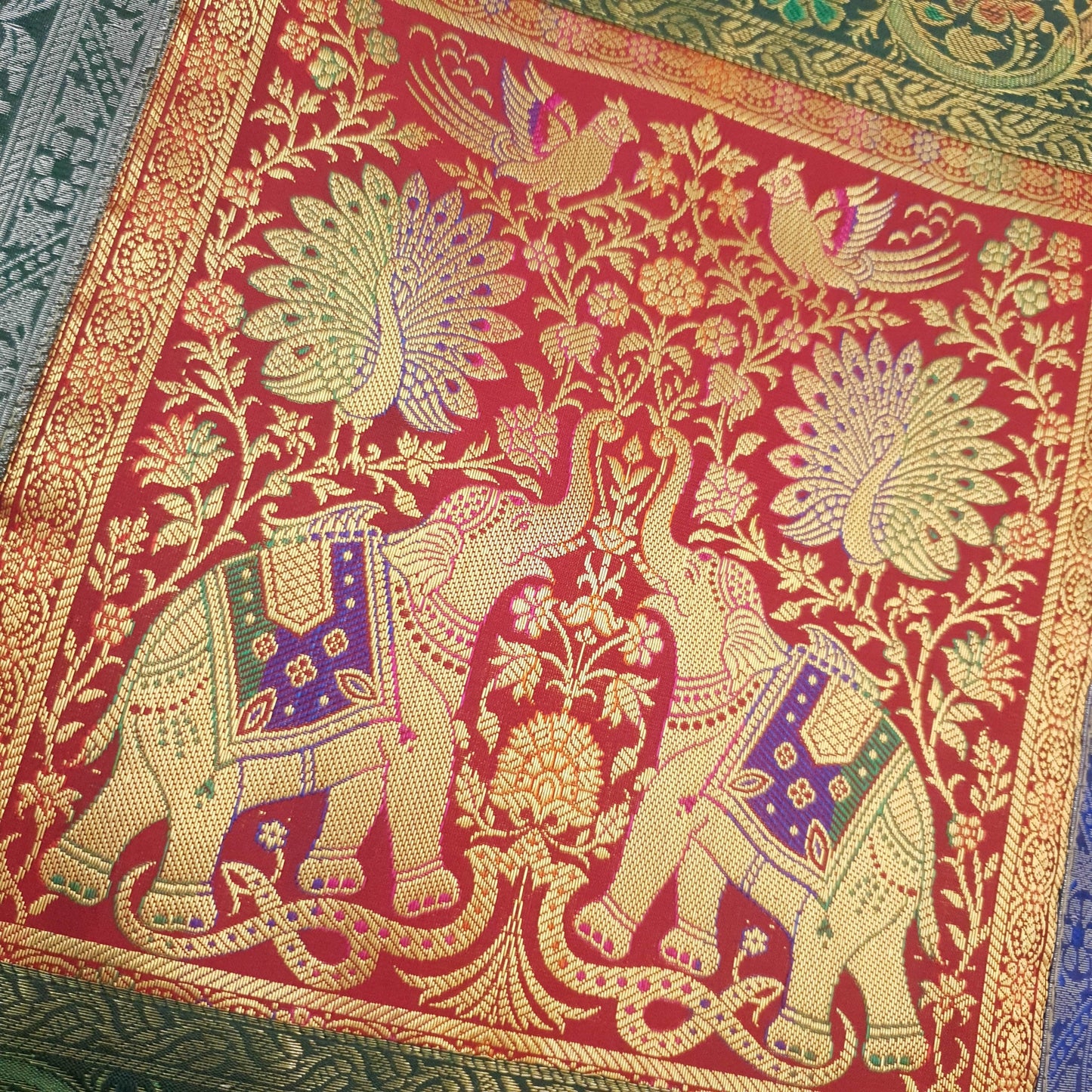 Dining Table Runner Zari Brocade Elephant Woven Banarasi Cover Decor Multi Color