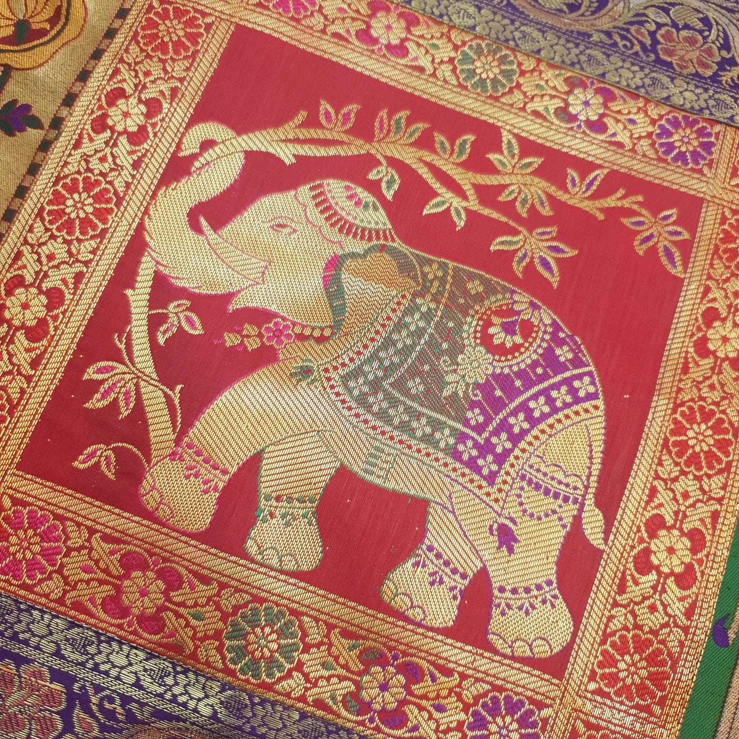 Dining Table Runner Zari Brocade Banarasi Elephant & mandala Woven Multi Color