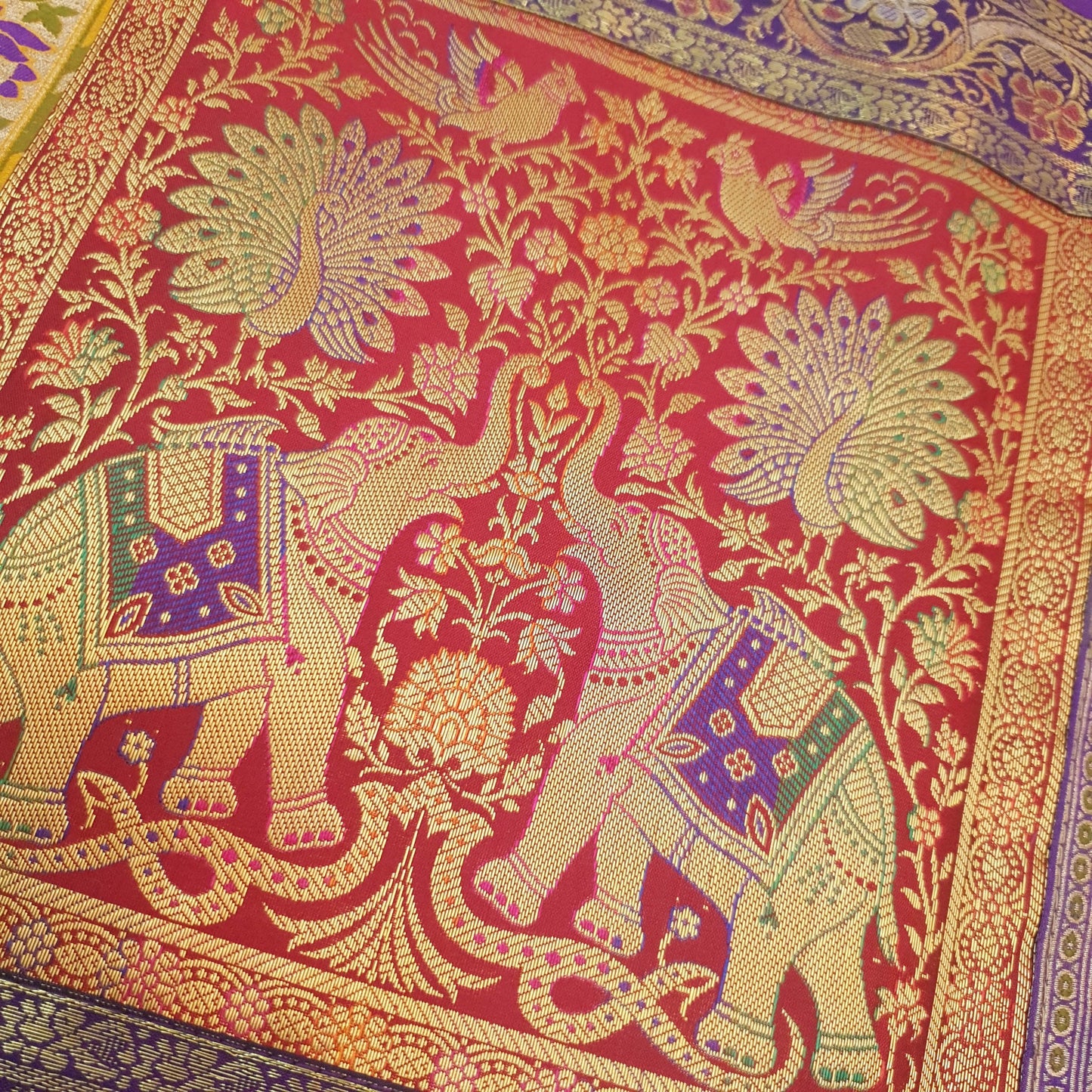 Dining Table Runner Zari Brocade Banarasi Elephant & mandala Woven Multi Color