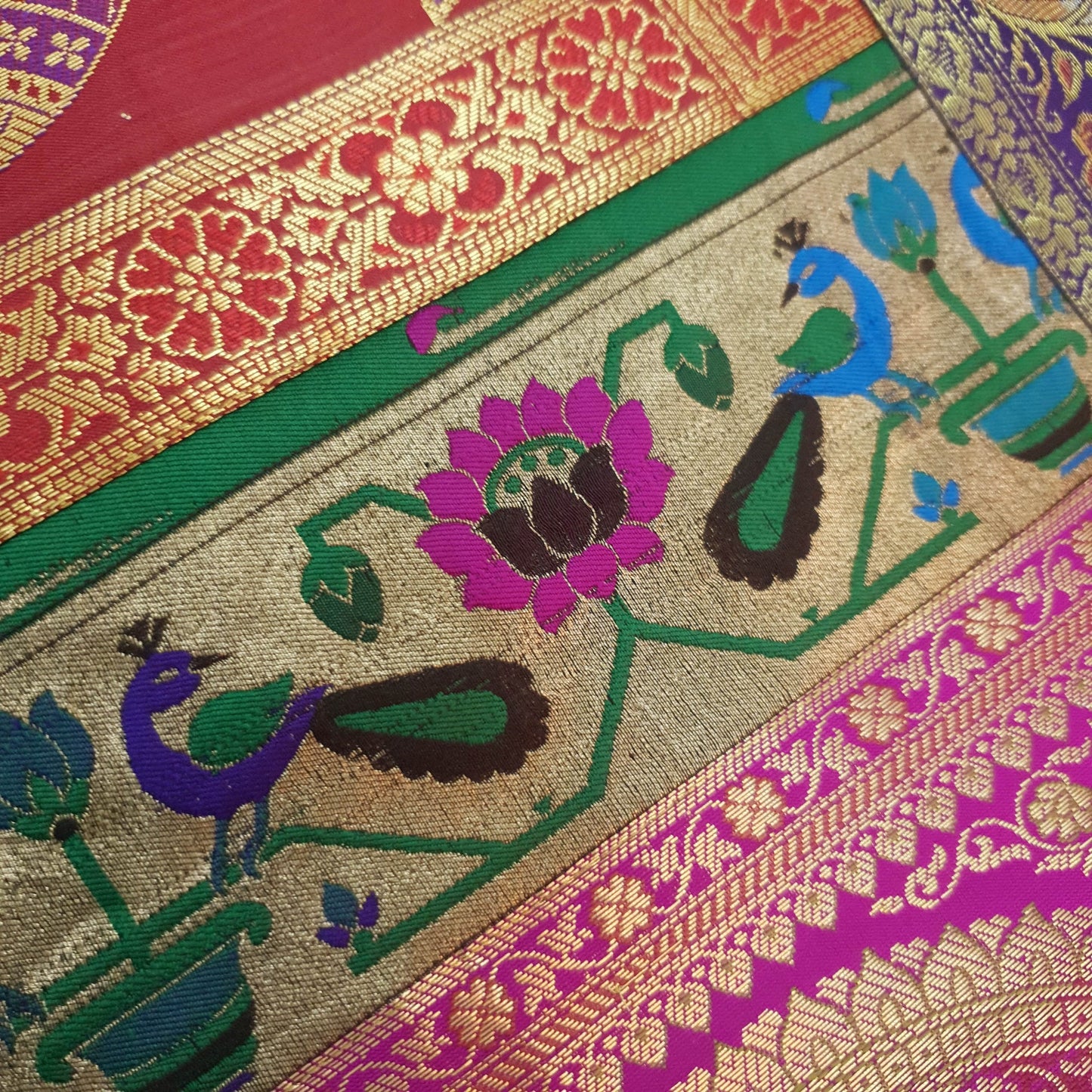 Dining Table Runner Zari Brocade Banarasi Elephant & mandala Woven Multi Color