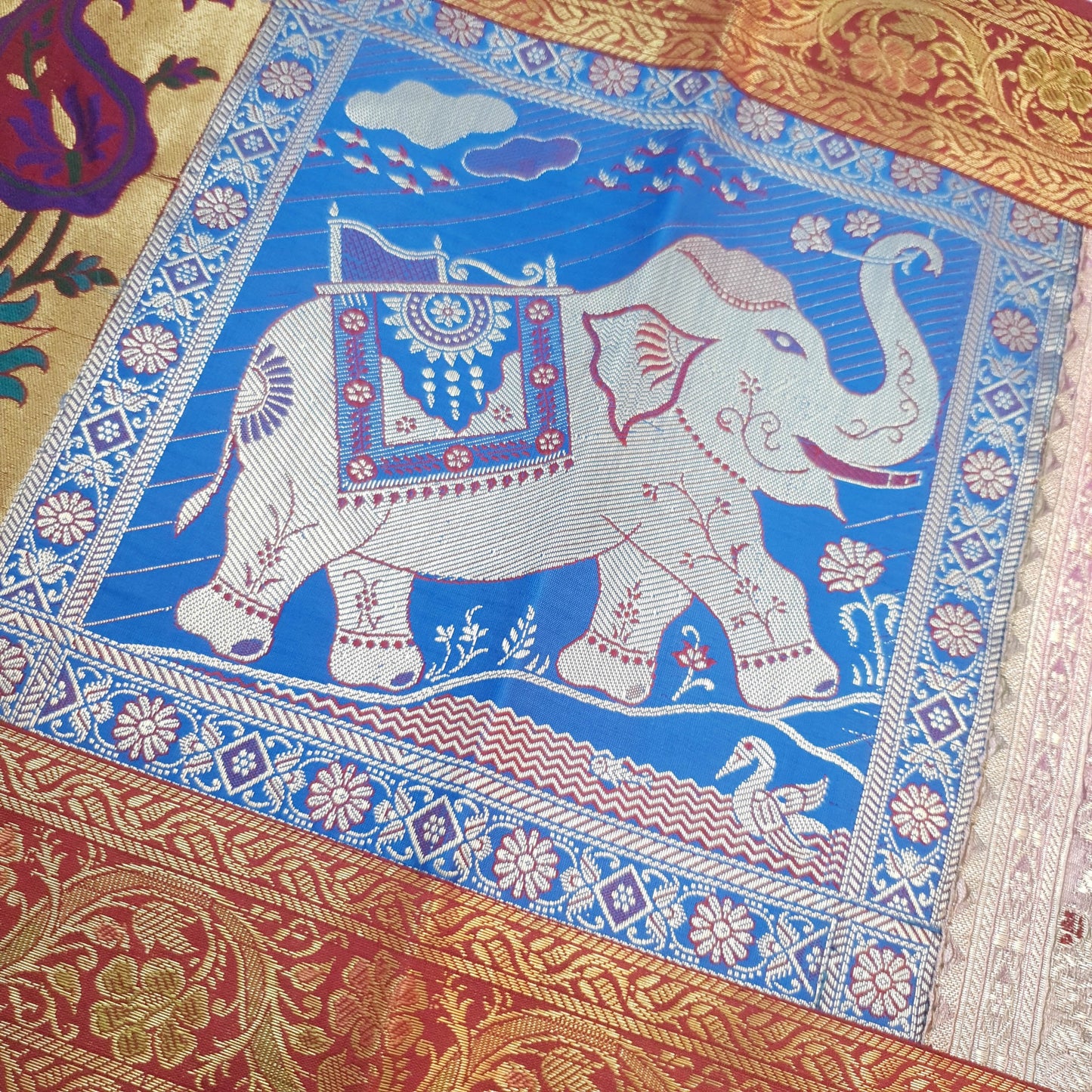 Dining Table Runner Woven Elephant & Mandala Zari Brocade Banarasi Multi Color