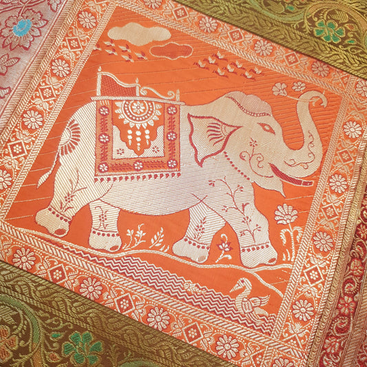 Dining Table Runner Elephant Woven Zari Brocade Banarasi Decor Cover Multi Color