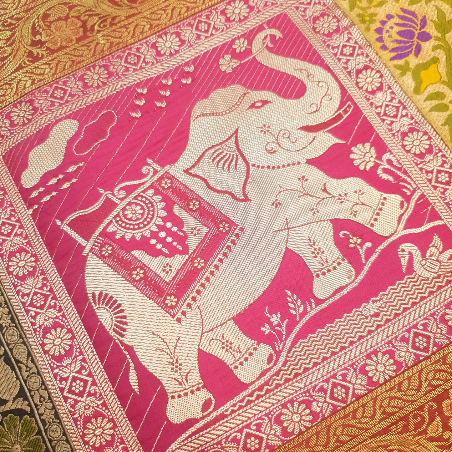 Dining Cover Table Runner Elephant Woven Zari Brocade Banarasi Gift Multi Color