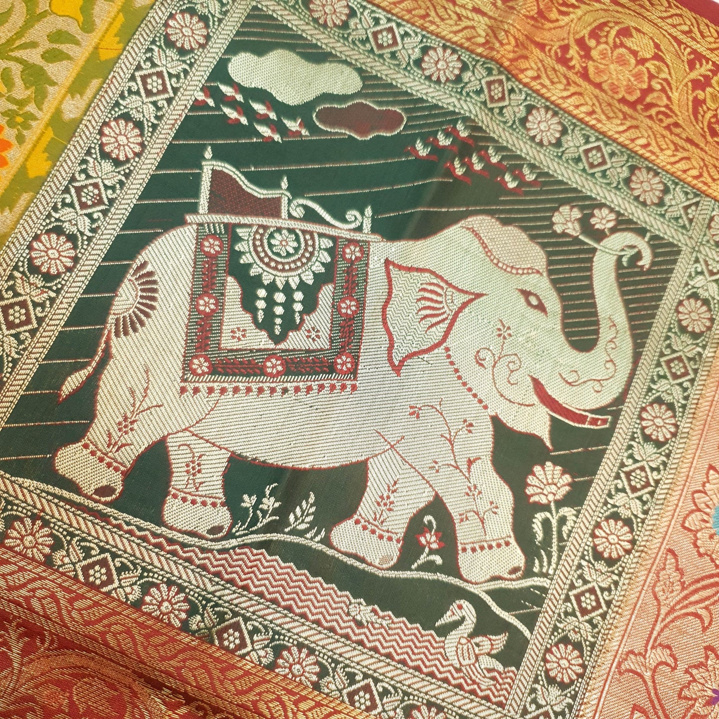Dining Cover Table Runner Elephant Woven Zari Brocade Banarasi Gift Multi Color