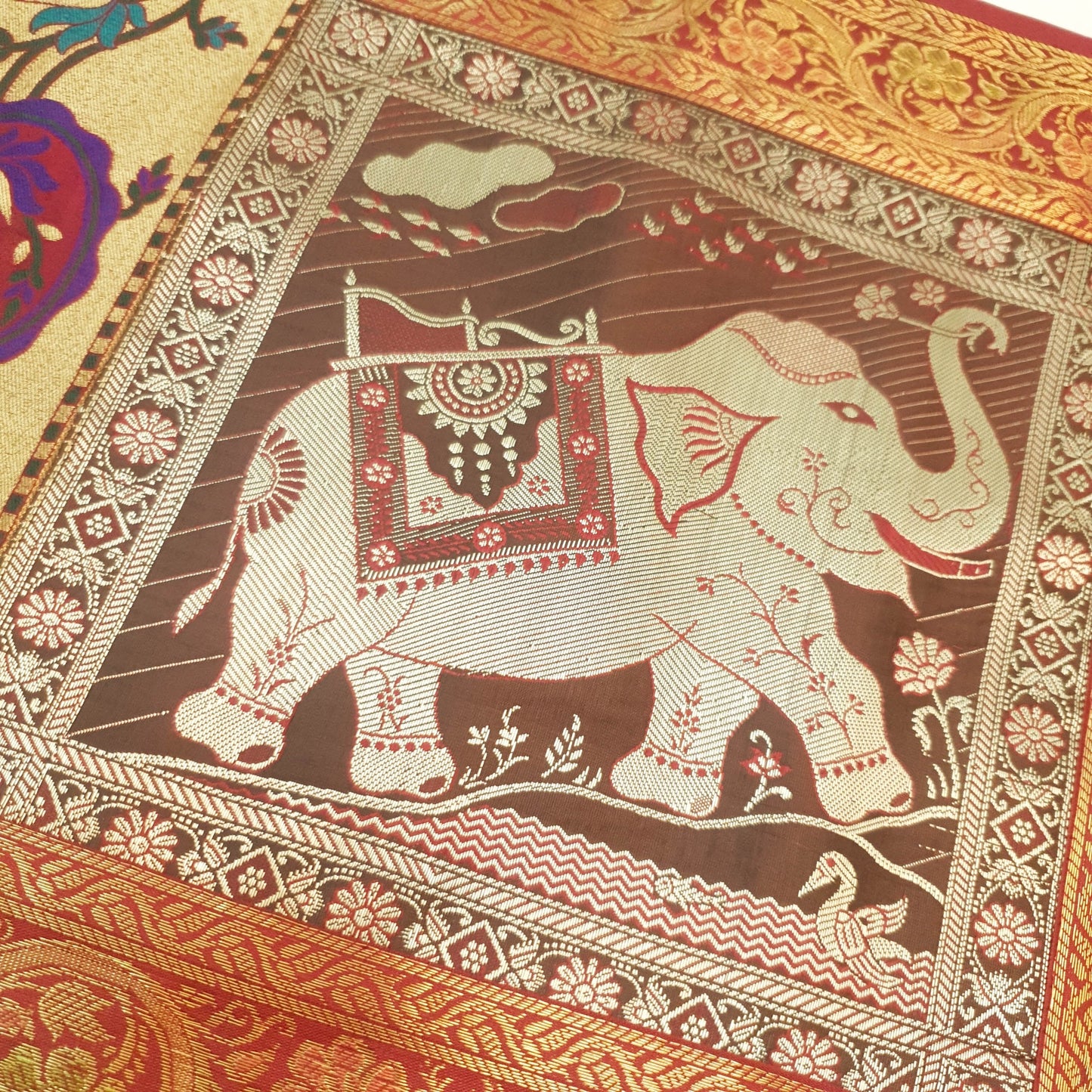 Dining Cover Table Runner Elephant Woven Zari Brocade Banarasi Gift Multi Color