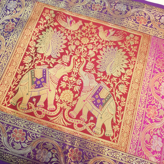 Dining Table Runner Ethnic Handmade Gold Banarasi Brocade Silk Elephant Work