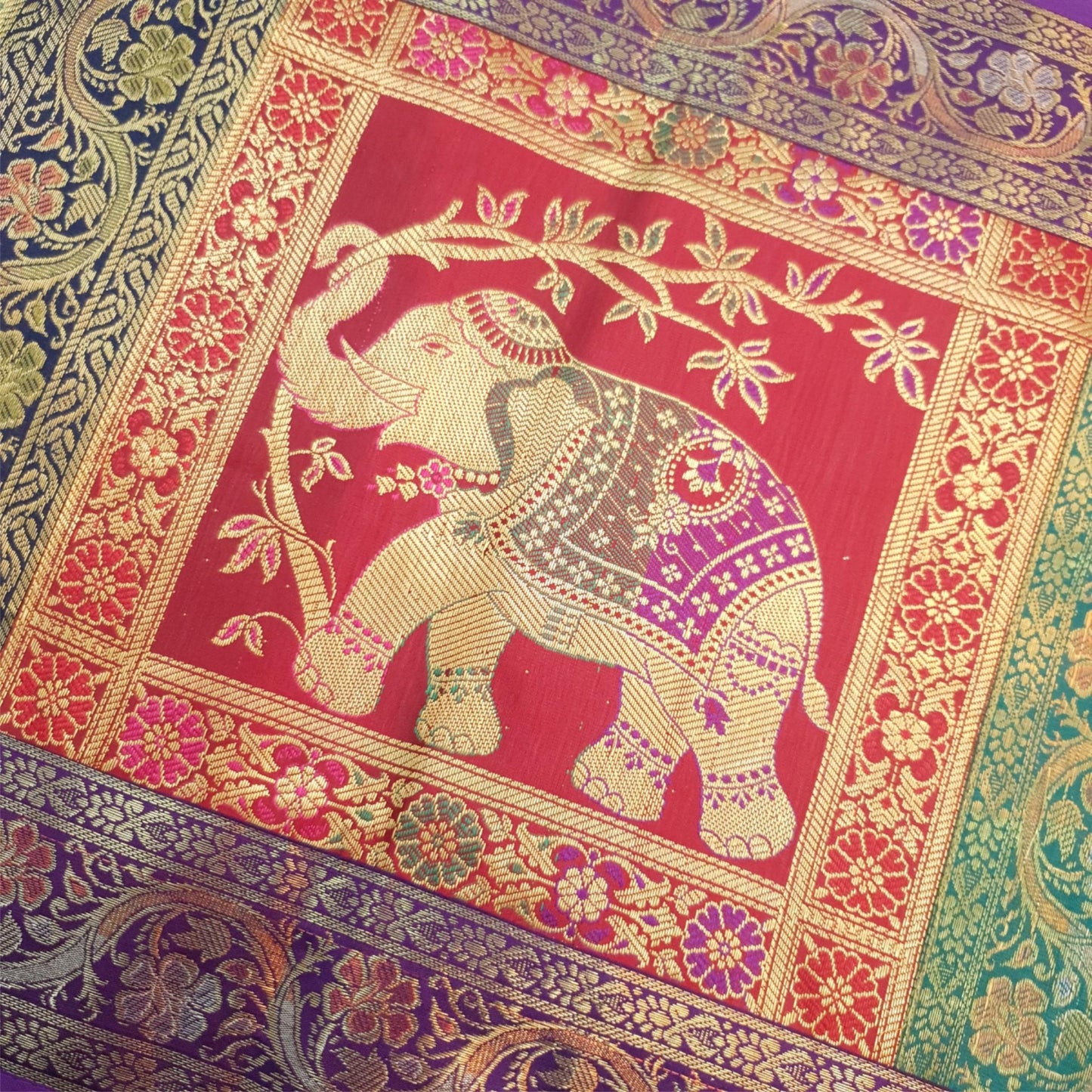 Dining Cover Table Runner Elephant Woven Zari Brocade Banarasi Decor Multi Color