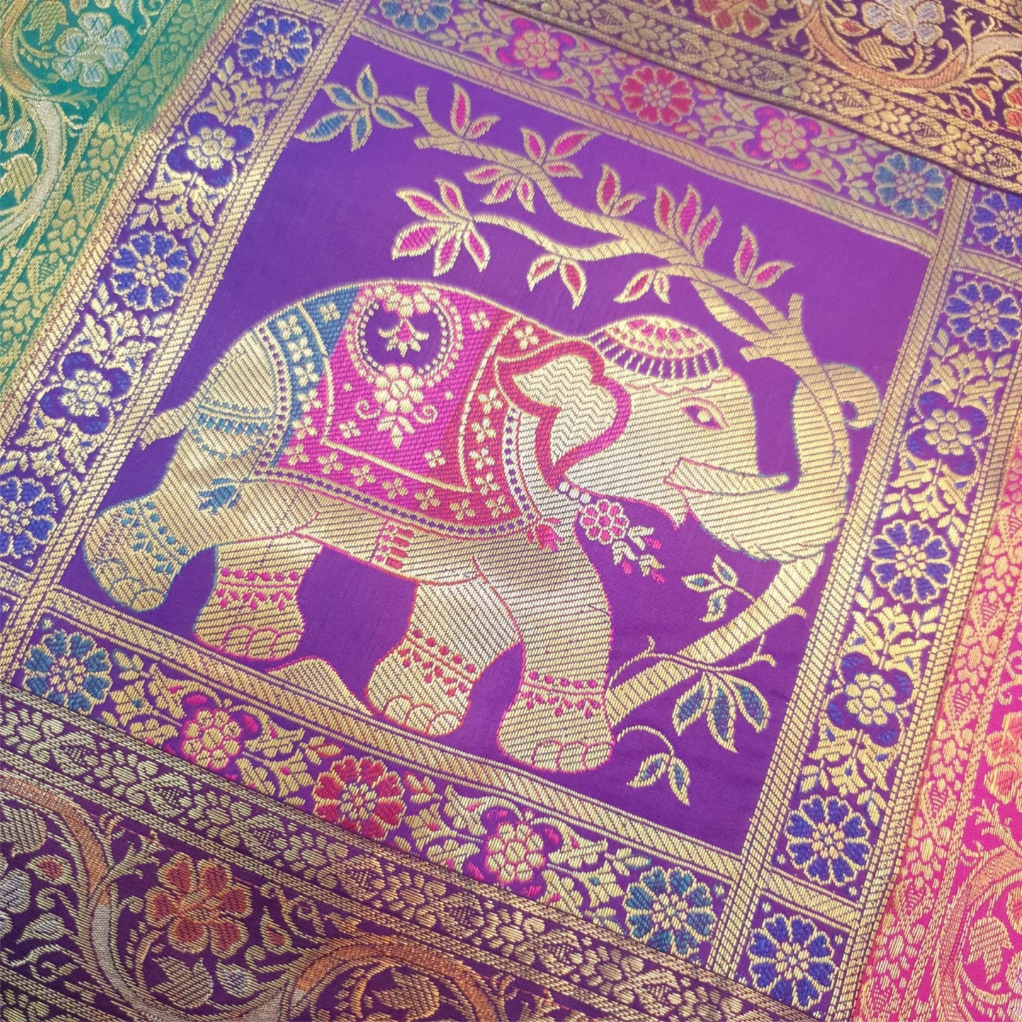 Dining Cover Table Runner Elephant Woven Zari Brocade Banarasi Decor Multi Color