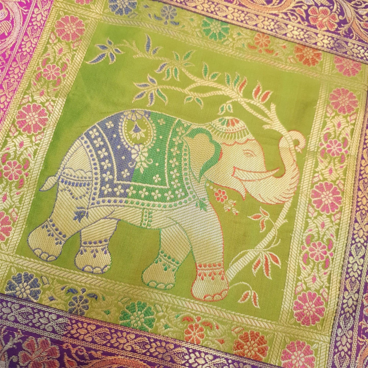 Dining Cover Table Runner Elephant Woven Zari Brocade Banarasi Decor Multi Color