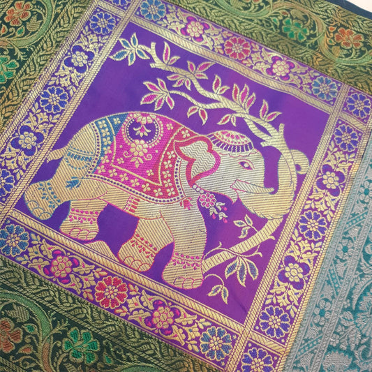 Dining Table Runner Handmade Elephant Mandala Woven Gold Banarasi Brocade Silk