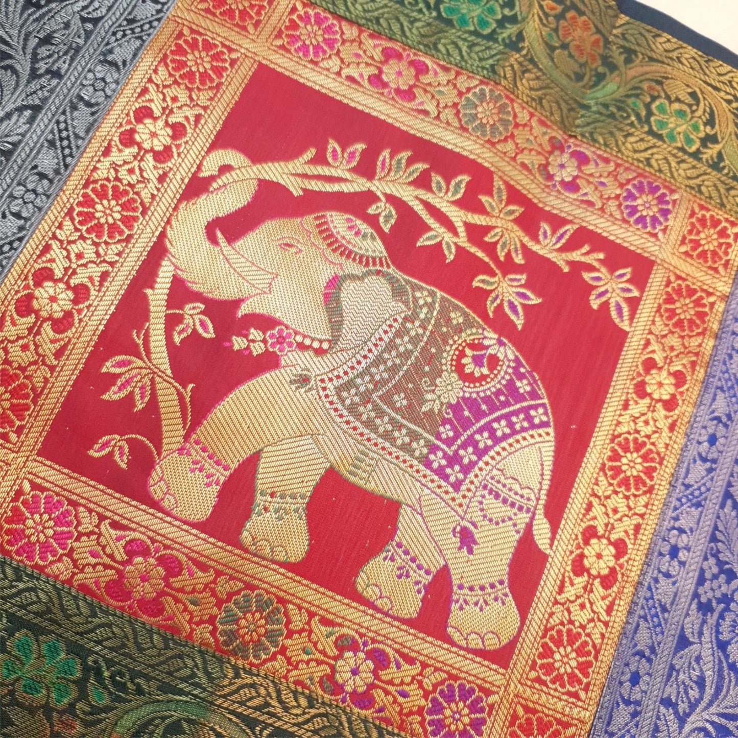 Dining Table Runner Handmade Elephant Mandala Woven Gold Banarasi Brocade Silk