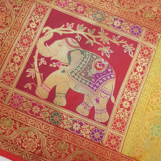 Dining Cloth Table Runner Elephant Woven Zari Brocade Banarasi Cover Multi Color
