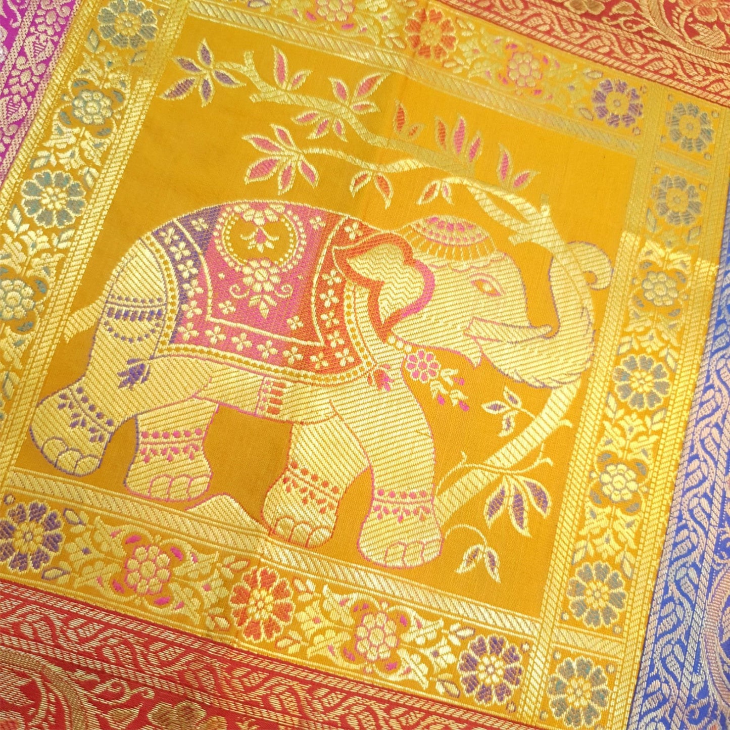 Dining Cloth Table Runner Elephant Woven Zari Brocade Banarasi Cover Multi Color