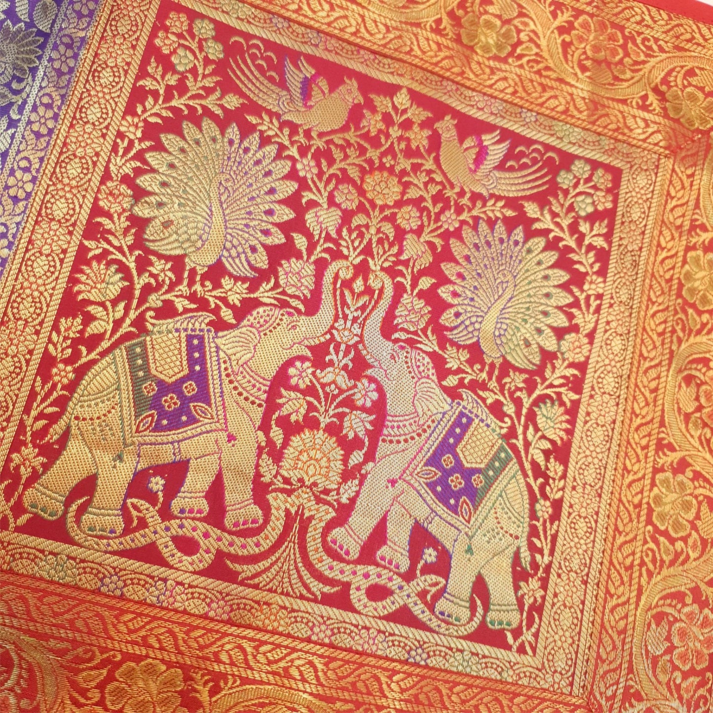 Dining Cloth Table Runner Elephant Woven Zari Brocade Banarasi Cover Multi Color