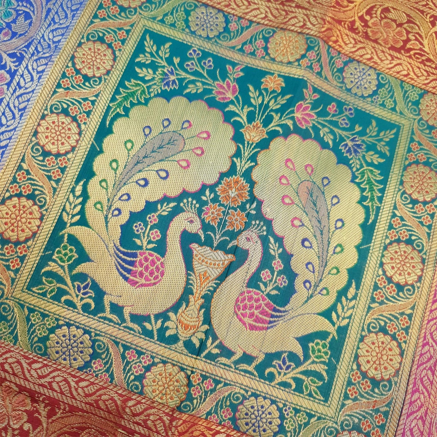 Dining Table Runner Elephant Peacock Woven Zari Brocade Banarasi Handmade Cover