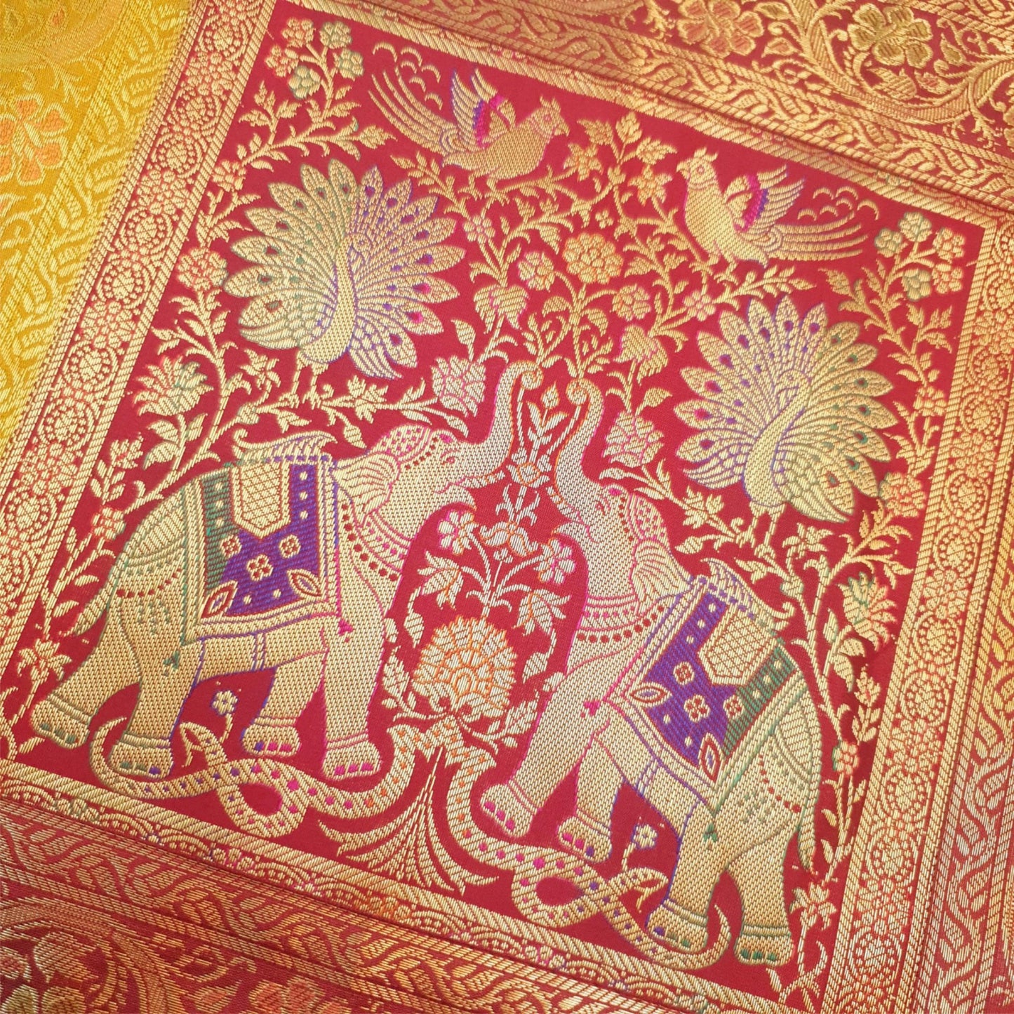 Dining Table Runner Elephant Peacock Woven Zari Brocade Banarasi Handmade Cover