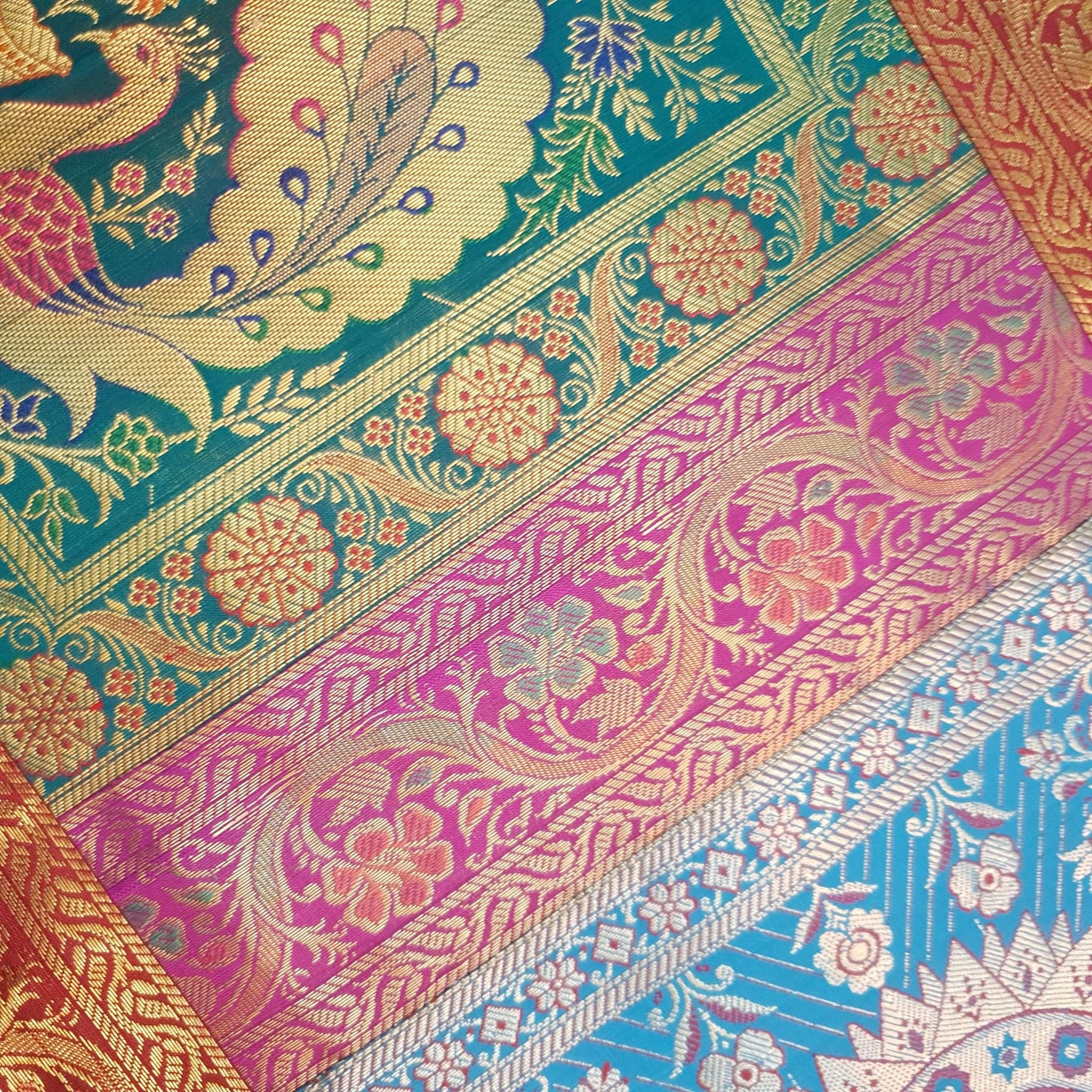 Dining Table Runner Elephant Peacock Woven Zari Brocade Banarasi Handmade Cover