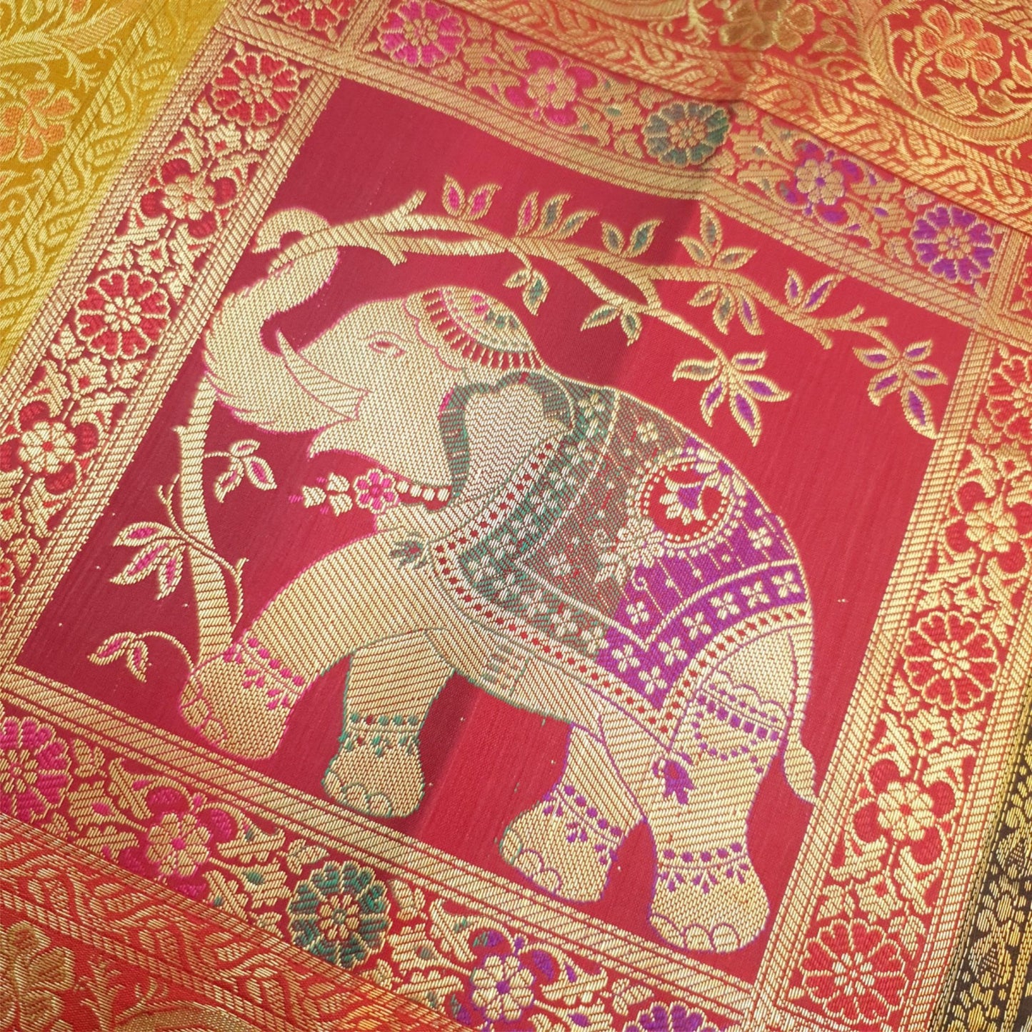 Table Runner Dining Cover Elephant Woven Zari Brocade Banarasi Multi Color