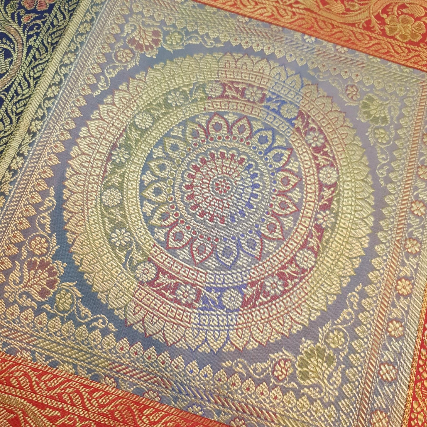 Dining Table Runner Woven Mandala Zari Brocade Banarasi Cover Decor Multi Color